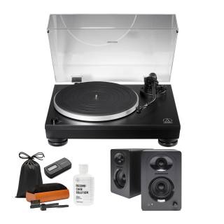 Audio Technica AT-LP5X Direct-Drive Turntable with Powered Bookshelf Monitors and Record Care System