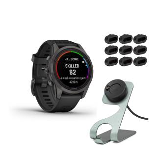 Garmin fenix 7S Pro Sapphire Solar GPS Smartwatch (Carbon Gray, Black Band) with Charging Stand and Port Plugs