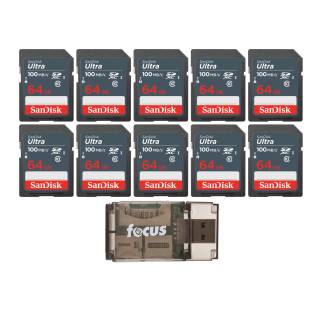 SanDisk 64GB Ultra SDHC UHS-I Memory Card (10-Pack) with Focus High Speed USB Card Reader Bundle