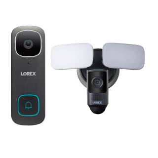 Lorex 2K Wired Video Doorbell (Black) with Lorex 2K Wired Smart Motion Detection Security Floodlight Camera with Night V