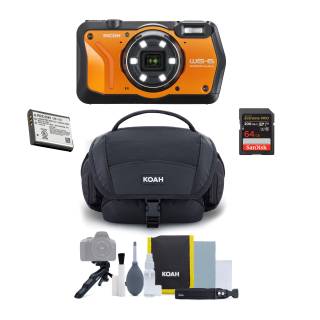 Ricoh WG-6 Digital Camera (Orange) with Extra Battery, 64 GB Memory Card, and Accessory Kit