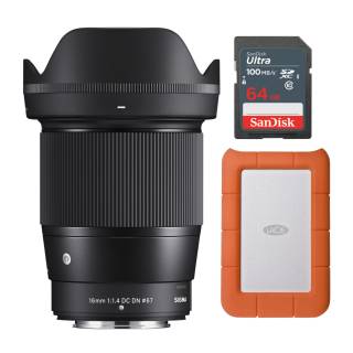 Sigma 16mm F1.4 Contemporary DC DN Lens for Fuji X Mount with 1TB Hard Drive and 64 GB Memory Card