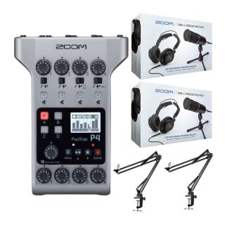 Zoom PodTrak P4 Recorder with Scissor Arms and Podcast Microphone Pack Accessory Bundle