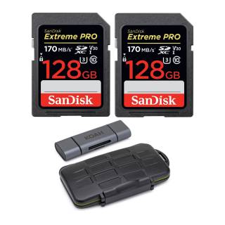 SanDisk 128GB Extreme PRO 170 MB/s UHS-I SDXC Memory Card (2-Pack) with Koah Pro Storage Case and SD Reader