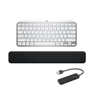 Logitech MX Keys Mini Minimalist Wireless Illuminated Keyboard Bundle with MX Palm Rest and 4-Port USB 3.0 (Pale Gray)