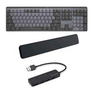 Logitech MX Mechanical Illuminated Wireless Keyboard (Tactile Switches/Graphite) Bundle w/ 4-Port USB Hub and Palm Rest