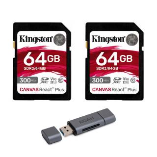 Kingston Canvas React Plus 64GB U3 V90 SD Card (2-pack) with 2-in-1 USB Memory Card Reader Bundle