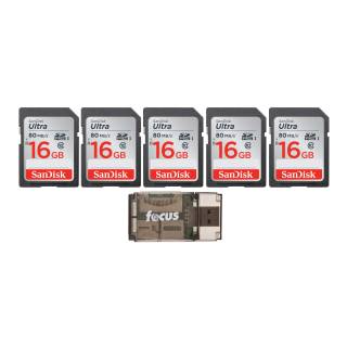 SanDisk Ultra 16GB Class SD Memory Card (5-pack) with Focus all-In-one high speed USB reader bundle