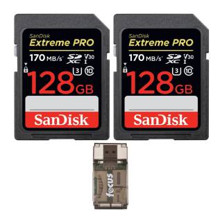 SanDisk 128GB Extreme PRO 170 MB/s UHS-I SDXC Memory Card (2-Pack) with Focus all-in-one USB reader bundle Bundle