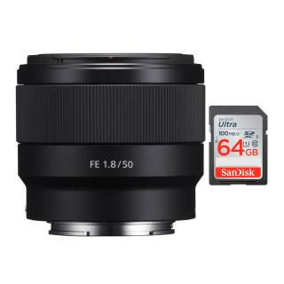 Sony FE 50mm f/1.8 Lens and 64GB SD Card