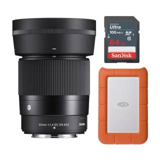 Sigma 30mm F1.4 Contemporary DC DN for Fuji X Mount with 1TB Hard Drive and 64 GB Memory Card