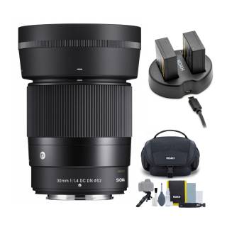 Sigma 30mm F1.4 Contemporary DC DN Lens for Fuji X Mount with X Series Battery (2 pack) and Accessory Bundle