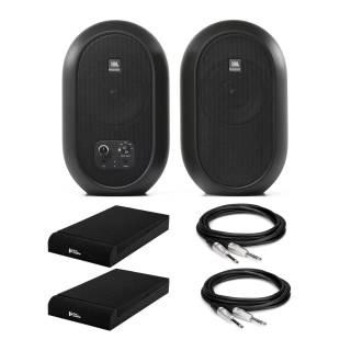 JBL 104-BT Compact Desktop Reference Bluetooth Monitors (Pair) Bundle with Isolation Pads and Cables