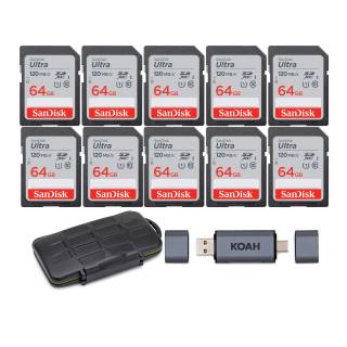 SanDisk 64GB 120MB/S Ultra UHS-I SDXC Memory Card (10-Pack) with Storage Case and Card Reader