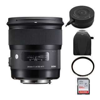 sigma 24mm 1.4 Art for Canon DSLR Cameras DG HSM with 64GB SD Card, USB Dock, Tiffen Filter and Koah Camera Bag