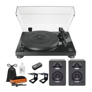 Audio Technica AT-LPW50PB Turntable with Speakers, Stands, and Record Care System