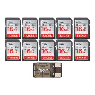 SanDisk Ultra 16GB Class SD Memory Card (10-pack) with Focus all-In-one high speed USB reader bundle