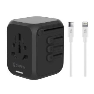 Griffin Powerblock 30W International Travel Adapter (GP-140-BLK) with Griffin USB-C to MFI Charge/Sync Lightning Cable