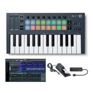 Novation FLkey Mini 25-Key MIDI Keyboard Controller for FL Studio Bundle with FL Studio 20 Fruity Ed., Pedal and USB Hub