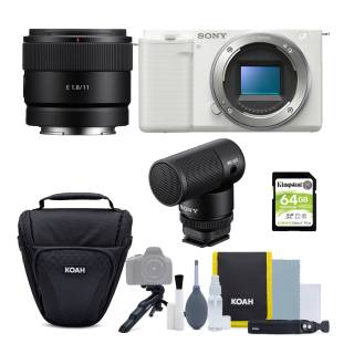 Sony Alpha ZV-E10 APS-C Vlog Camera (White) with 11mm F1.8 Lens Bundle Content Creator Kit (5 Items)