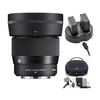 Sigma 56mm F1.4 Contemporary DC DN Lens for Fuji X Mount with X Series Battery (2 pack) and Accessory Bundle