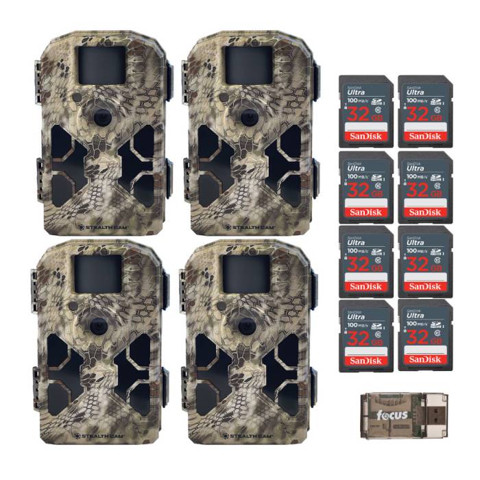 Stealth Cam 2022 G42NG 32MP No-Glow Trail Camera (4-Pack) with 32GB Memory Cards and Card Reader