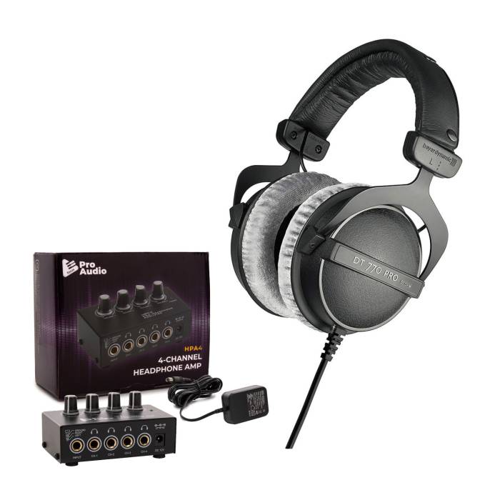 Beyerdynamic DT 770 PRO 80 Ohm Over-Ear Studio Headphones (Black) with Stereo Amplifier Bundle