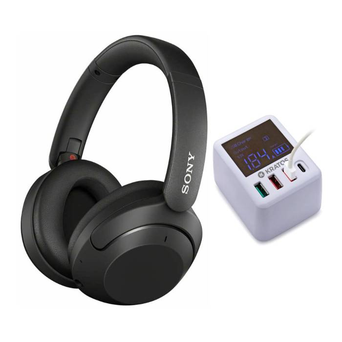 Sony WH-XB910N EXTRA BASS Noise Cancelling Headphones (Black) with Kratos Power 40W 4-Port Charger bundle