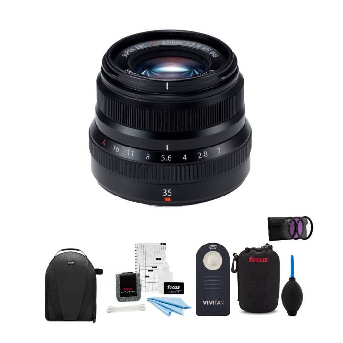 Fujifilm 35mm f/2 WR Lens (Black) w/Focus Accesory Bundle & Camera Backpack
