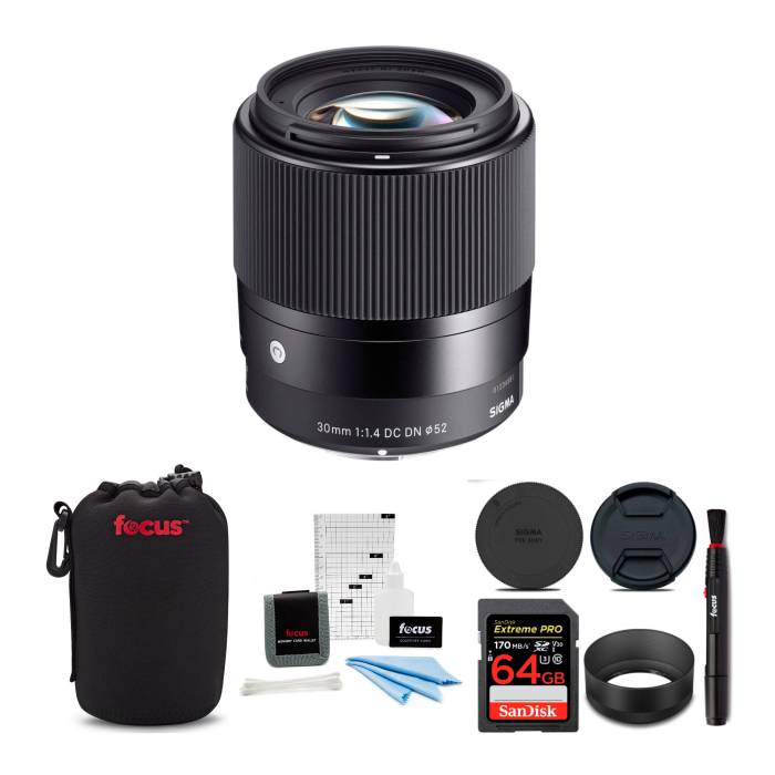 Sigma 30mm f/1.4 DC DN Contemporary Prime Lens for Sony E-Mount with 64GB SD Card and Accessory Bundle