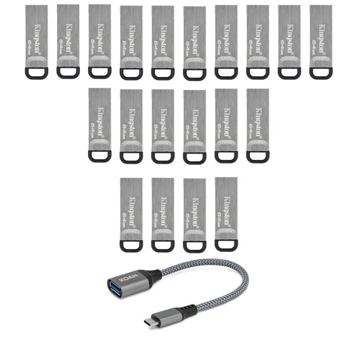 Kingston 64GB DataTraveler Kyson USB 3.2 Gen 1 Flash Drive (20-pack) with USB to USB-C Adapter
