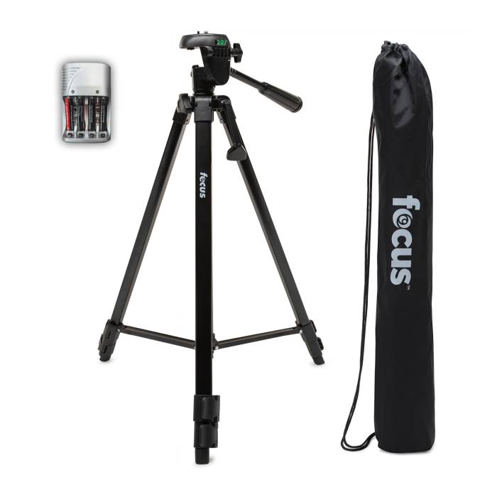 Focus Camera 59" Photo/Video Tripod, Rapid Charger with 4 AAA NIMH Rechargeable Batteries, Microfiber Cleaning Cloth Kit