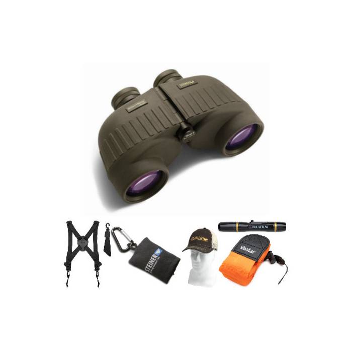 Steiner 210 10x50 G Military Marine Binoculars Deluxe Bundle with Harness, Cleaning Wipes, Floating Strap and Hat