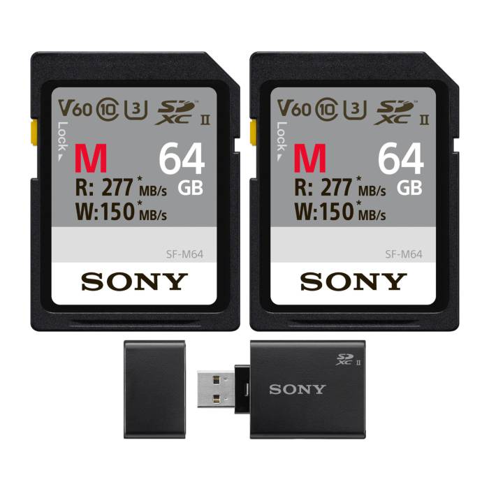 Sony 64GB V60 UHS-II M-Series Memory Card (2-pack) with Sony UHS-II USB 3.1 SD Card Reader bundle