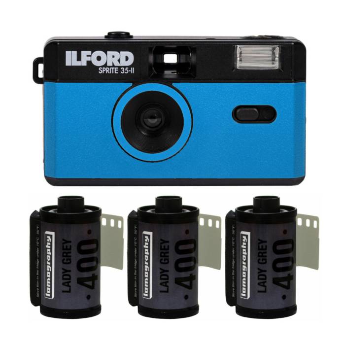 Ilford Sprite 35-II Reusable/Reloadable 35mm Analog Film Camera (Blue and Black) Bundle w/ 3-Pk Film