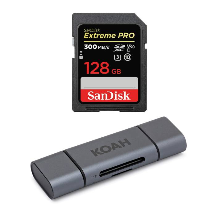 SanDisk 128GB 300MB/s Extreme PRO UHS-II V90 SDXC Memory Card with Koah PRO Dual Slot Card Reader