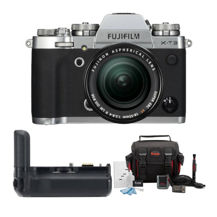 Fujifilm X-T3 Mirrorless Digital Camera with 18-55mm Lens (Silver), Vertical Camera Grip and Accessory Bundle