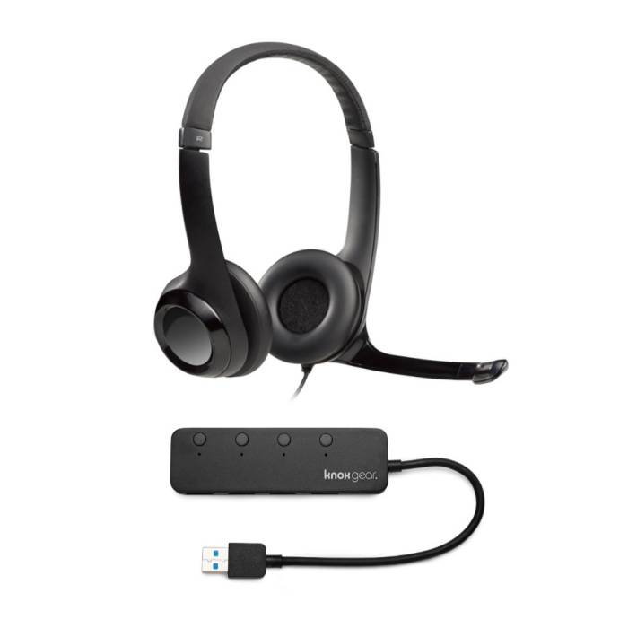 Logitech USB Headset H390 with Noise Cancelling Mic and Knox Gear 4 Port USB Hub