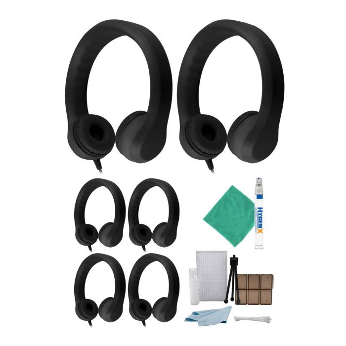 Hamilton Buhl Flex-Phones, Foam Headphones (Black, 6 pack) & Accessory Bundle