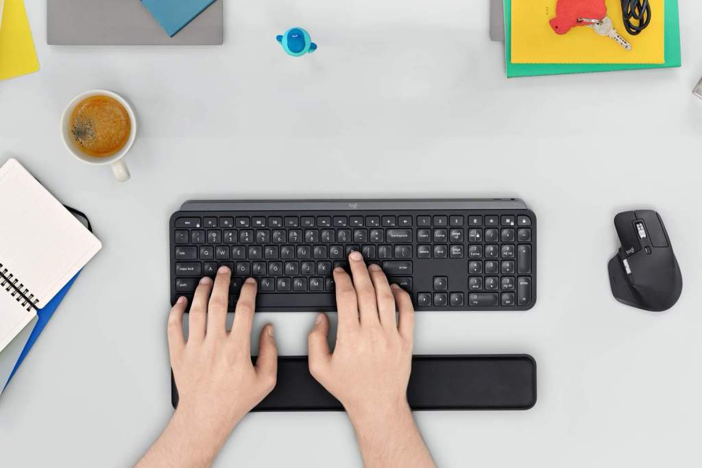 The Logitech MX Keys keyboard, palm rest, and MX Master 3 mouse 