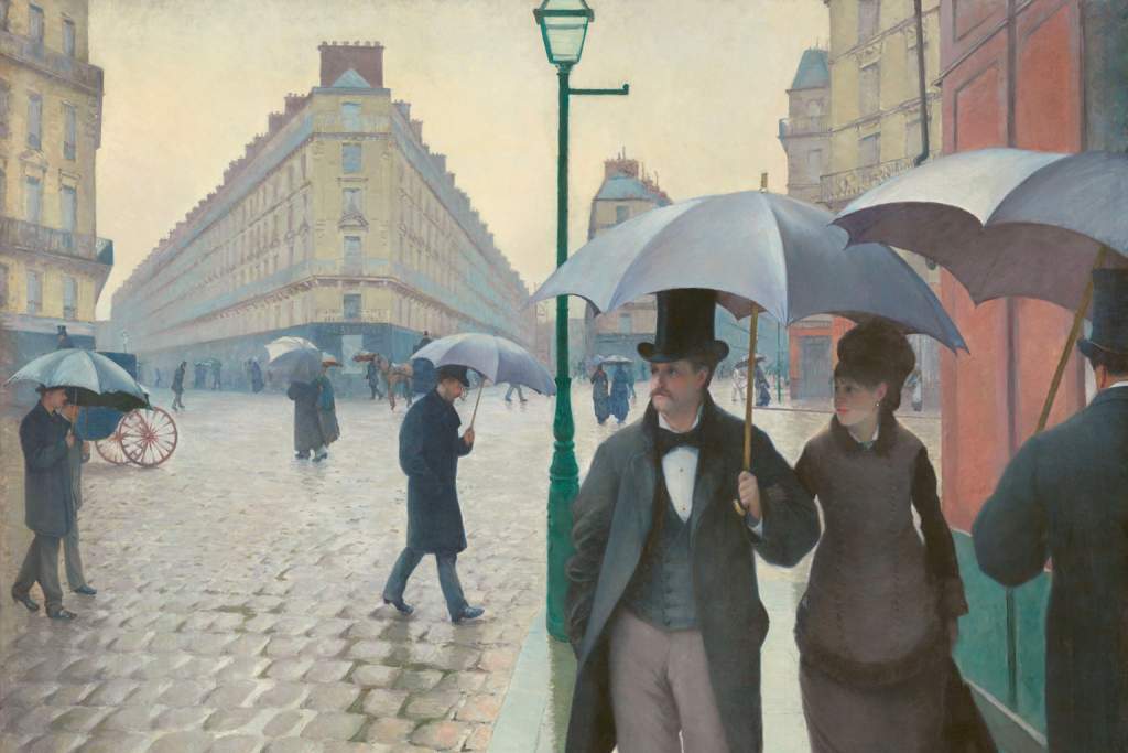 repoussoir in art - Paris Street; Rainy Day by Gustave Caillebotte
